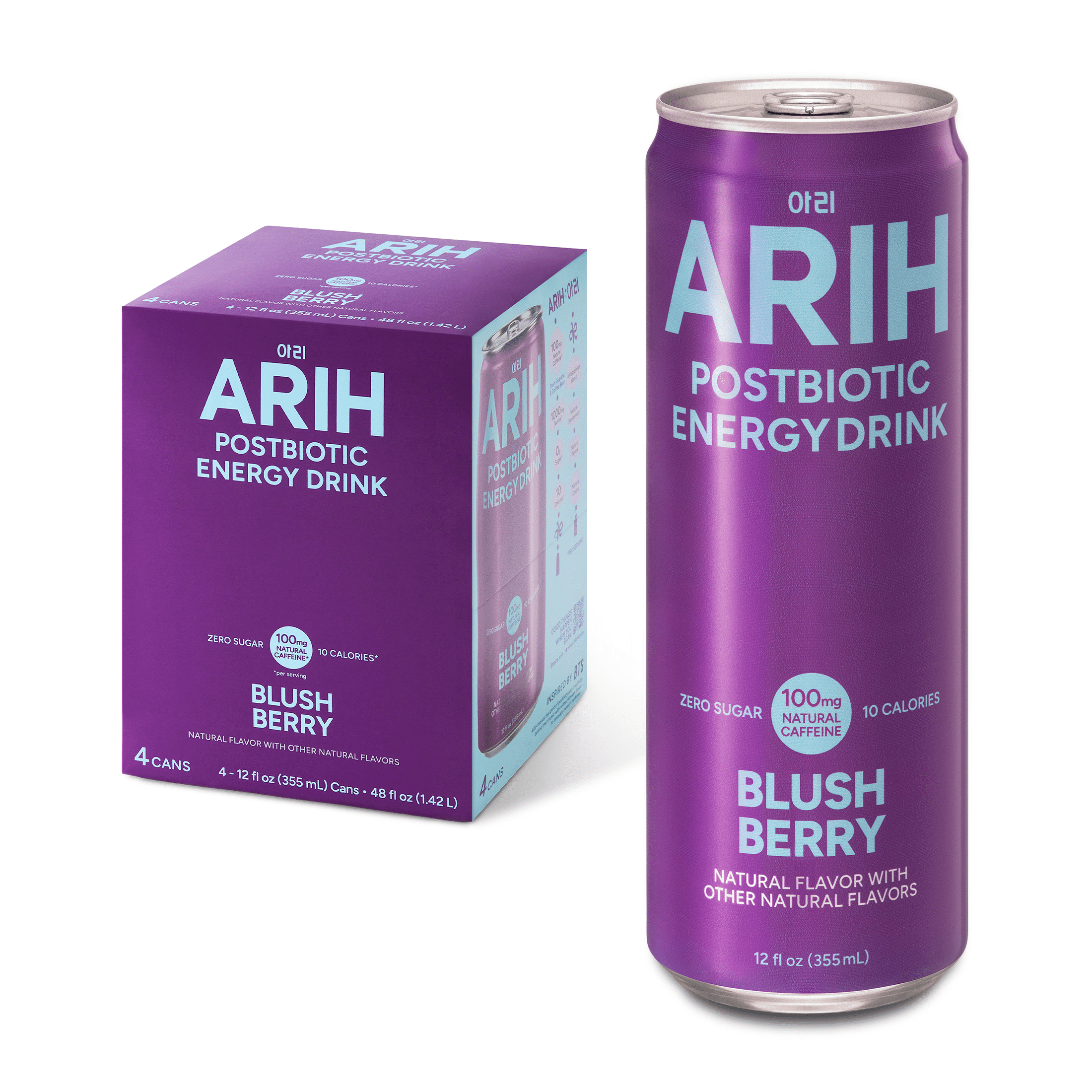 ARIH Postbiotic Energy Drink, Zero Sugar, 100mg Natural Caffeine, Blush Berry, 12 fl oz, 4 Pack