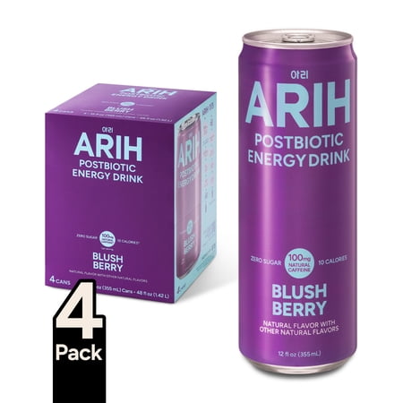 ARIH Postbiotic Energy Drink, Zero Sugar, 100mg Natural Caffeine, Blush Berry, 12 fl oz, 4 Pack