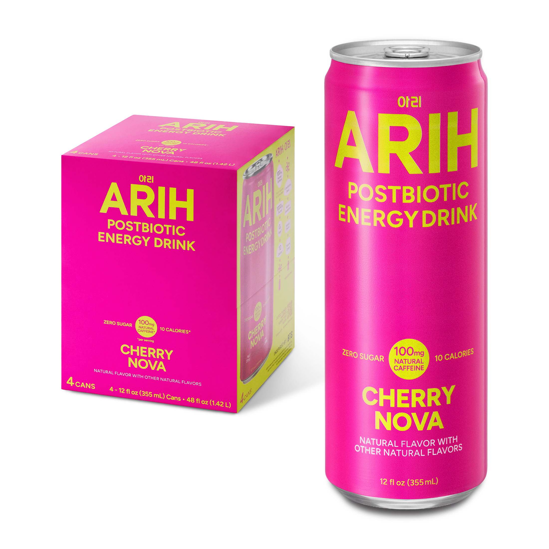 ARIH Postbiotic Energy Drink, Zero Sugar, 100mg Natural Caffeine, Cherry Nova, 12 fl oz, 4 Pack