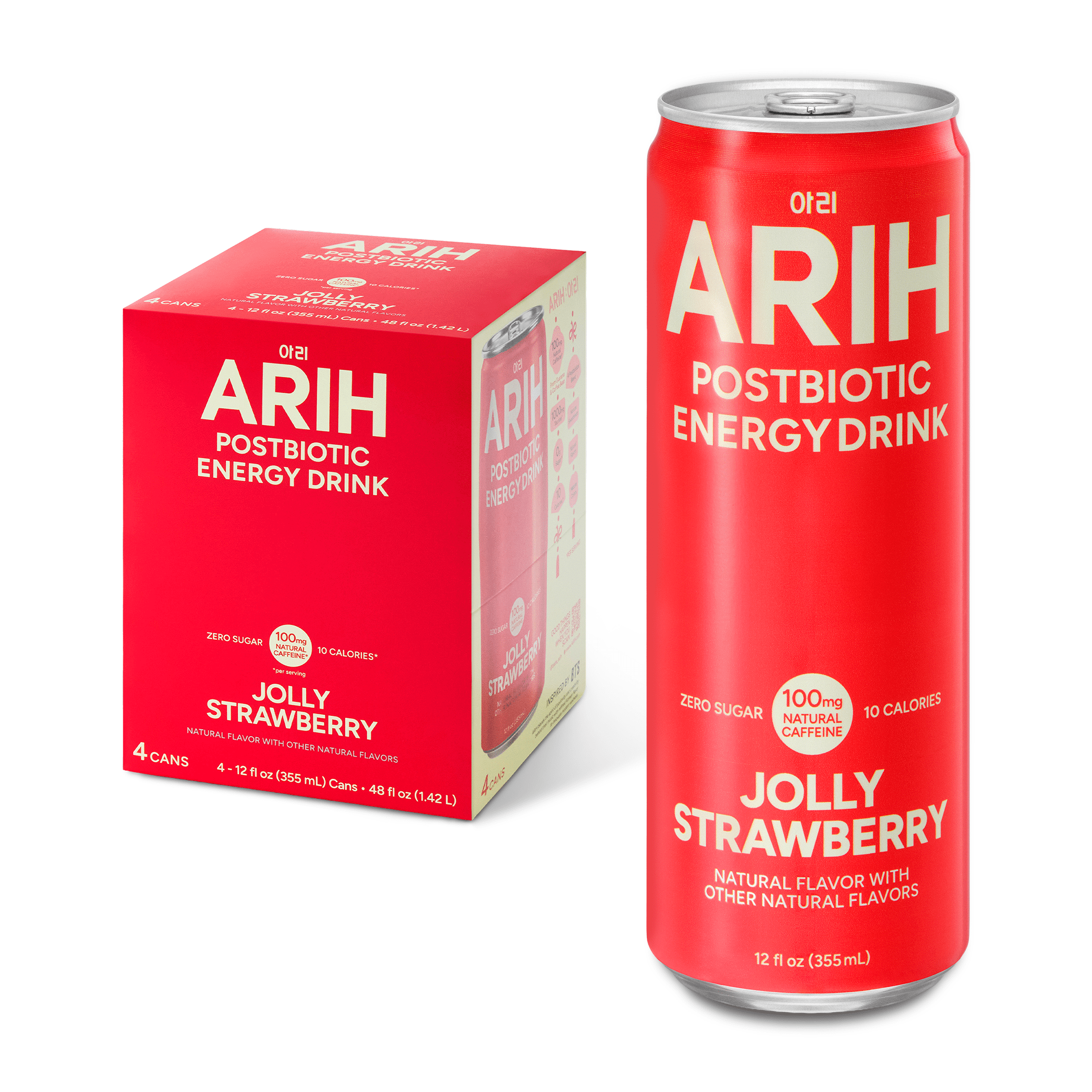 ARIH Postbiotic Energy Drink, Zero Sugar, 100mg Natural Caffeine, Jolly Strawberry, 12 fl oz, 4 Pack