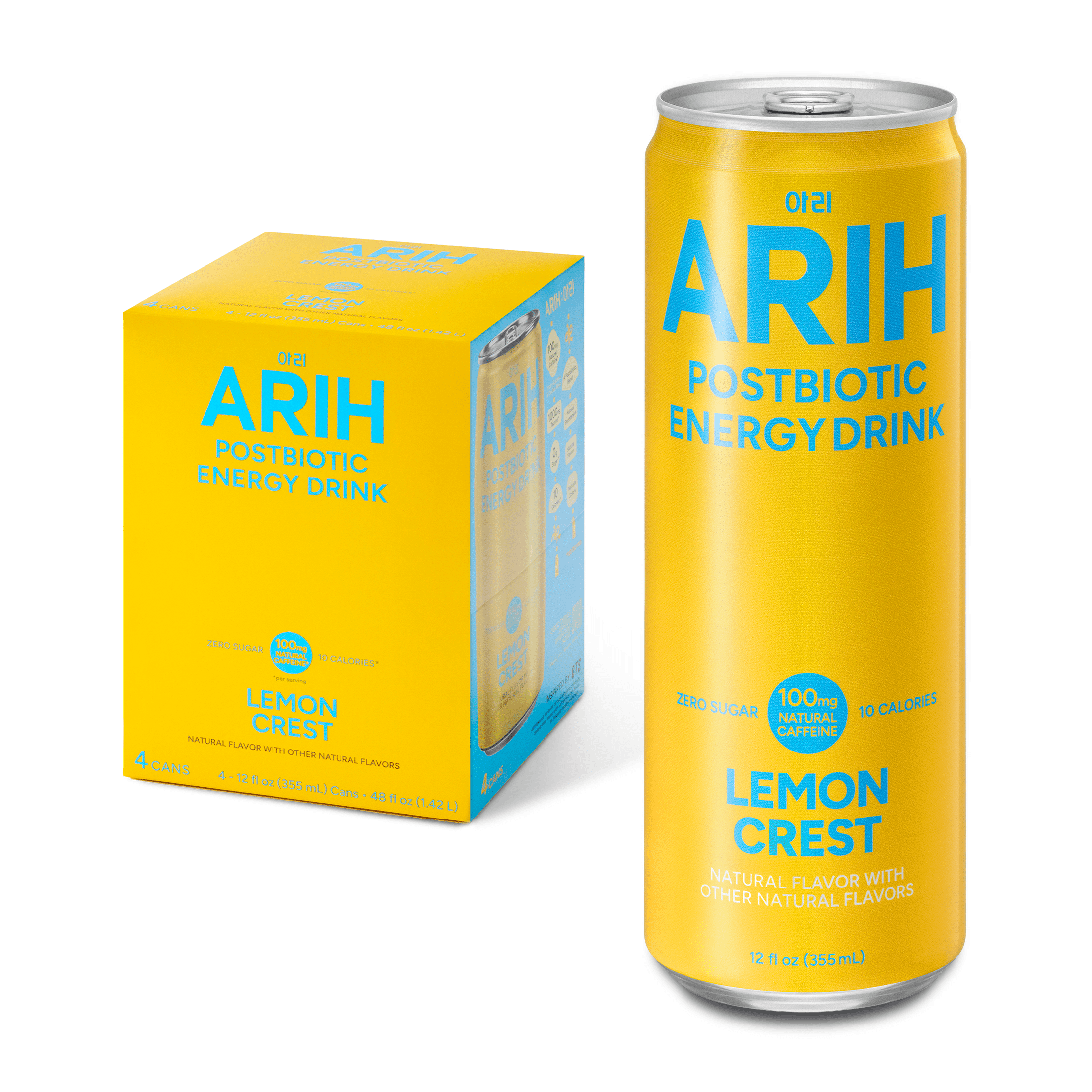 ARIH Postbiotic Energy Drink, Zero Sugar, 100mg Natural Caffeine, Lemon Crest, 12 fl oz, 4 Pack