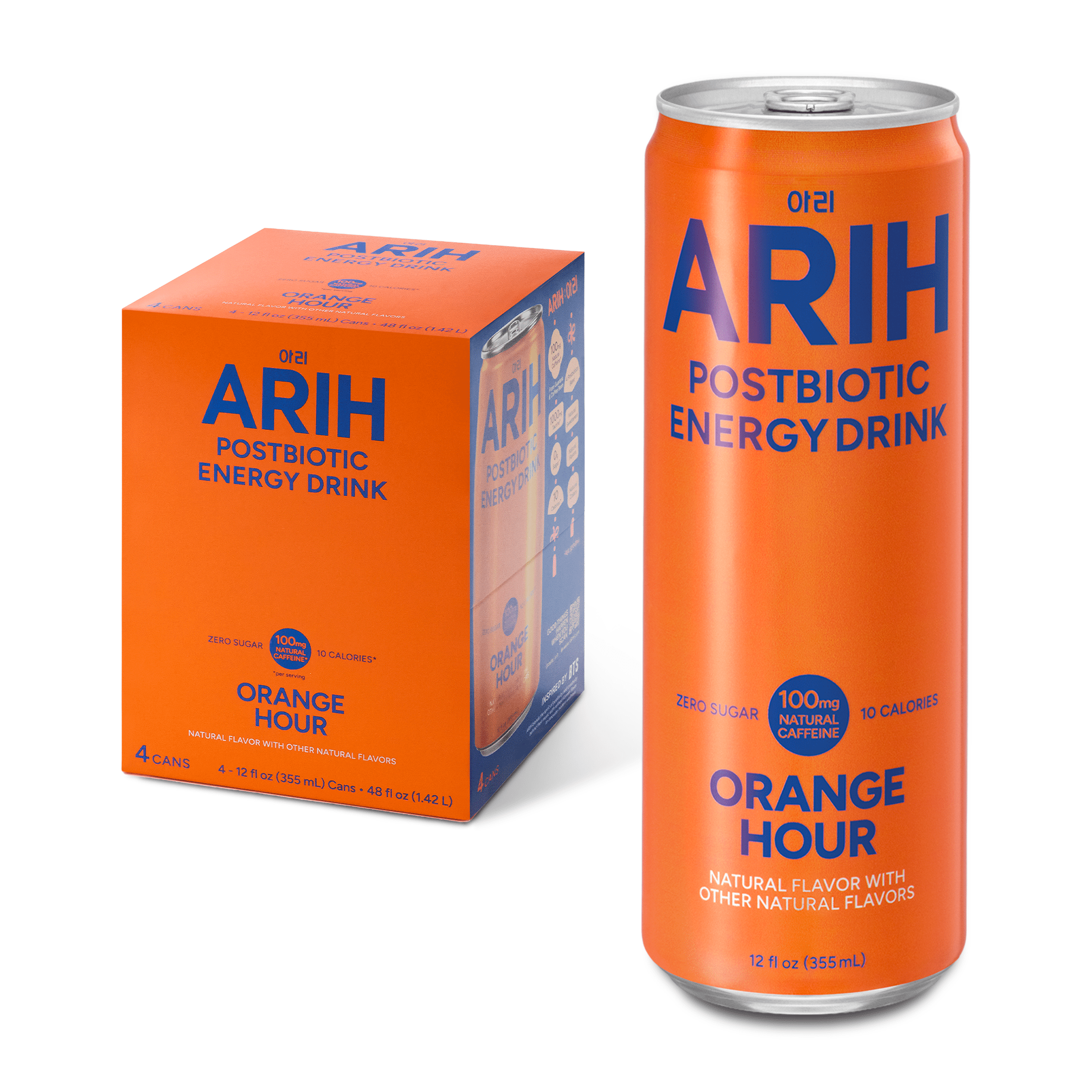 ARIH Postbiotic Energy Drink, Zero Sugar, 100mg Natural Caffeine, Orange Hour, 12 fl oz, 4 Pack