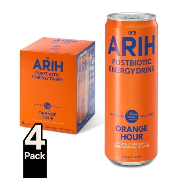 ARIH Postbiotic Energy Drink, Zero Sugar, 100mg Natural Caffeine, Orange Hour, 12 fl oz, 4 Pack