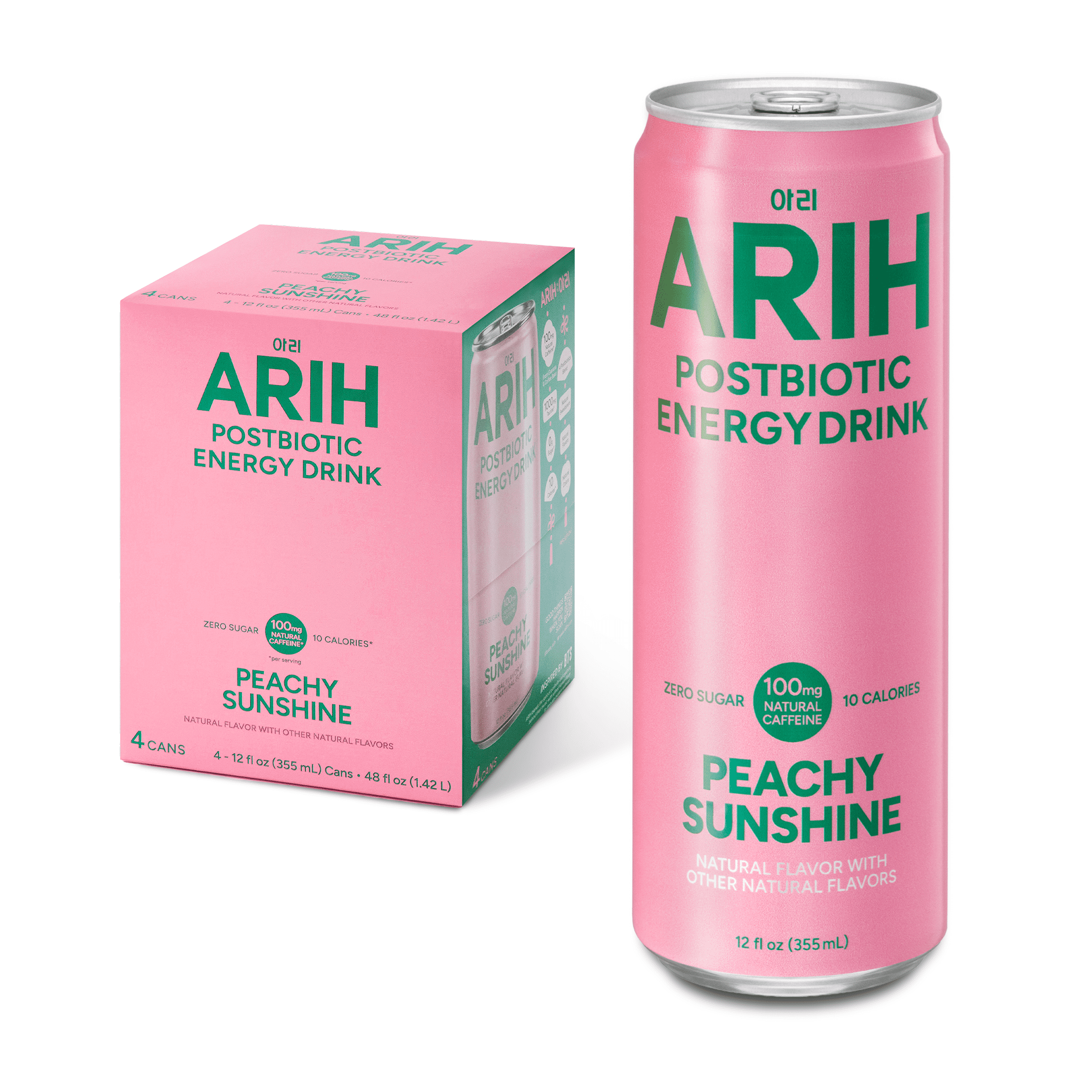 ARIH Postbiotic Energy Drink, Zero Sugar, 100mg Natural Caffeine, Peachy Sunshine, 12 fl oz, 4 Pack