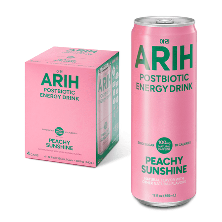 ARIH Postbiotic Energy Drink, Zero Sugar, 100mg Natural Caffeine, Peachy Sunshine, 12 fl oz, 4 Pack