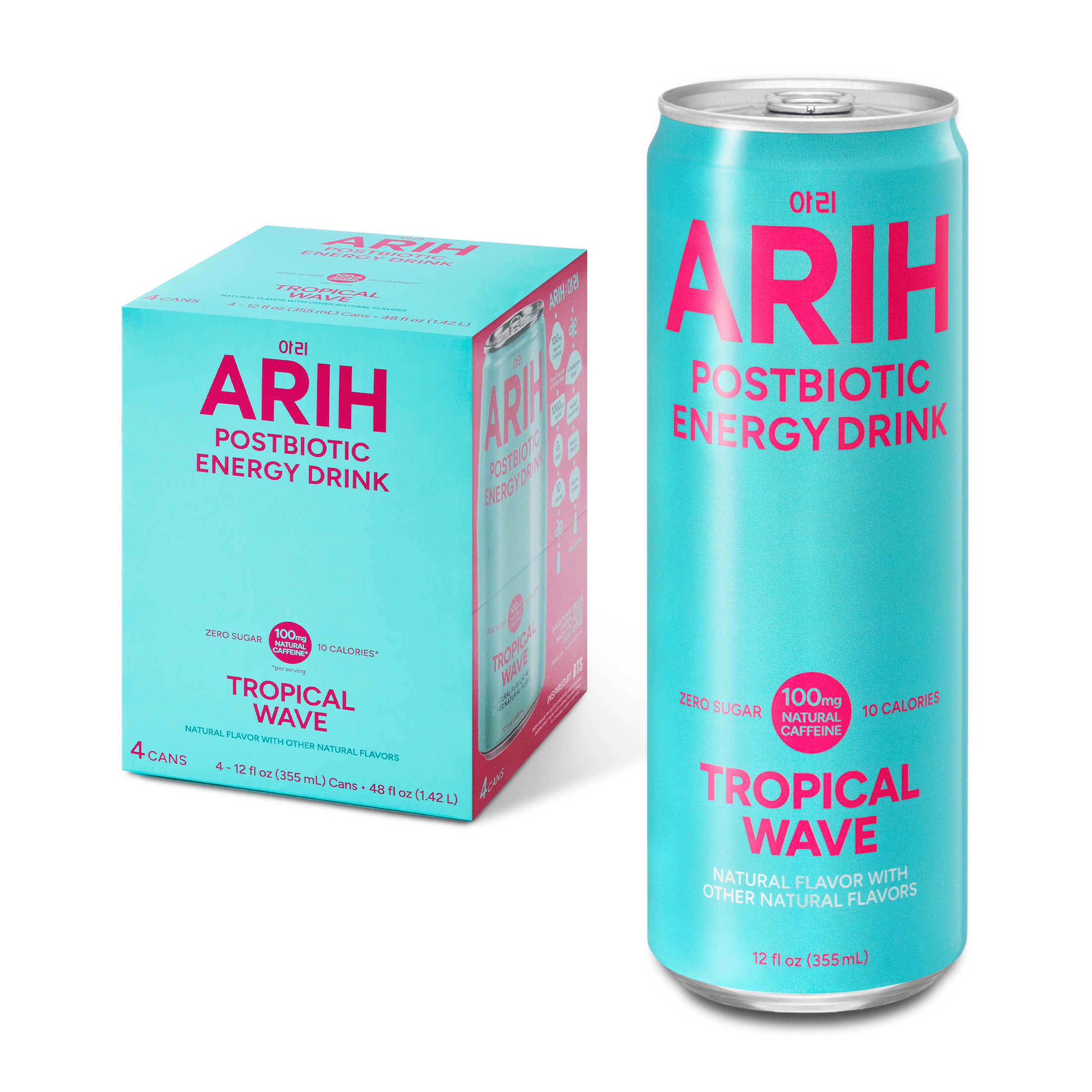 ARIH Postbiotic Energy Drink, Zero Sugar, 100mg Natural Caffeine, Tropical Wave, 12 fl oz, 4 Pack