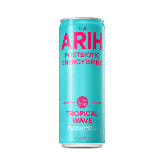 ARIH Postbiotic Energy Drink, Zero Sugar, 100mg Natural Caffeine, Tropical Wave, 12 fl oz