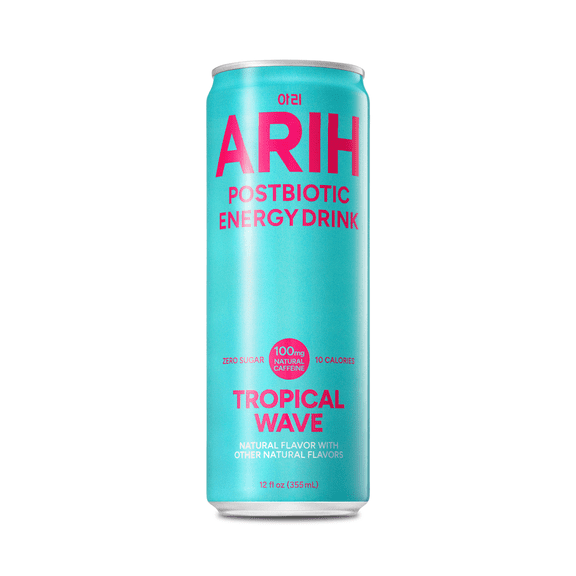 ARIH Postbiotic Energy Drink, Zero Sugar, 100mg Natural Caffeine, Tropical Wave, 12 fl oz