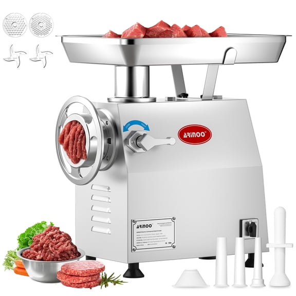 ARINOO Commercial Meat Grinder #32, 2.0HP Heavy Duty Stainless Steel Meat Mincer, Sausage Stuffer with 2 Blades, 2 Plates & 3 Sausage Tubes, Meat Grinder Machine for Deer Processing,Pet Foo