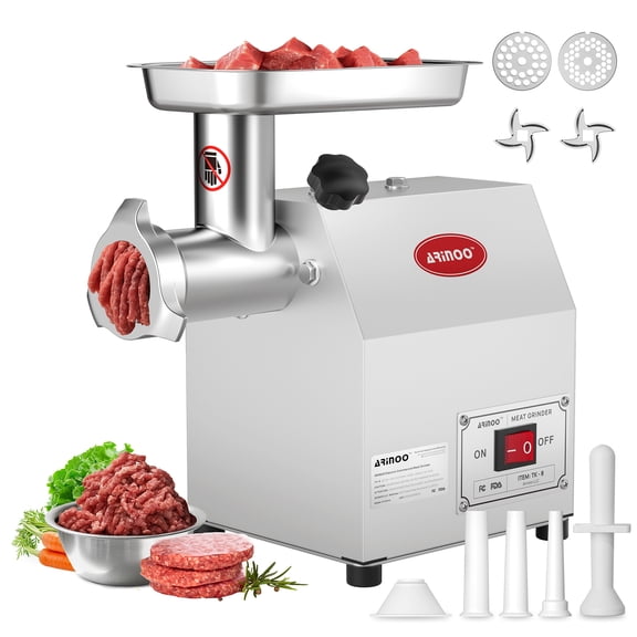 ARINOO Electric Meat Grinder #8, 0.5HP Heavy Duty Industrial Stainless Steel Meat Mincer, Sausage Stuffer with 2 Blades, 2 Plates & 3 Sausage Tubes, Meat Grinder Machine for Home Use Butchering