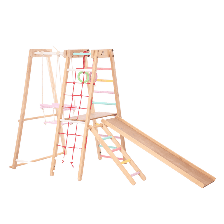 ARIRO Toys Indoor Jungle Gym for Toddlers Indoor Playground 6 in 1 Multicolor Waldorf Style Wooden Toddler Slide with Baby Ladder Climbing Rope