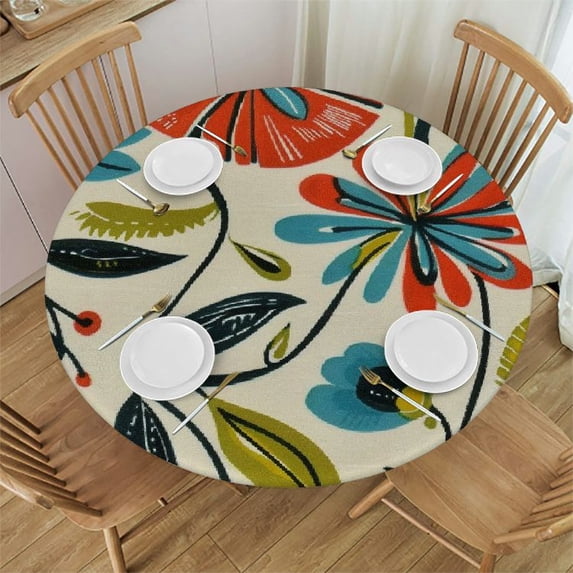 ARISTURING 1950'S Mid Century Modern Round Tablecloth Stain Resistant Washable Polyester Table Cloth for Kitchen Daily Dinning Party Tabletop Decor (Beige Art Deco) White