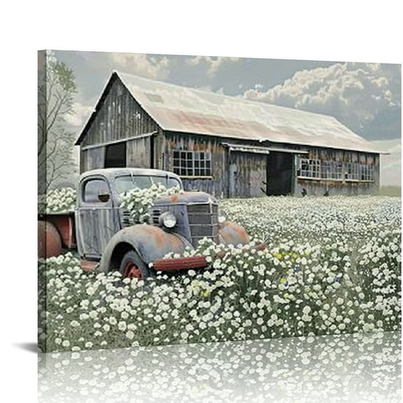 ARISTURING 3 Piece Farmhouse Canvas Wall Art, Sage Green Country Landscape Pictures Canvas Prints Artwork Truck Barn Farmhouse Rustic Paintings for Wall, Canvas Wall Art Living Room Wall Decor