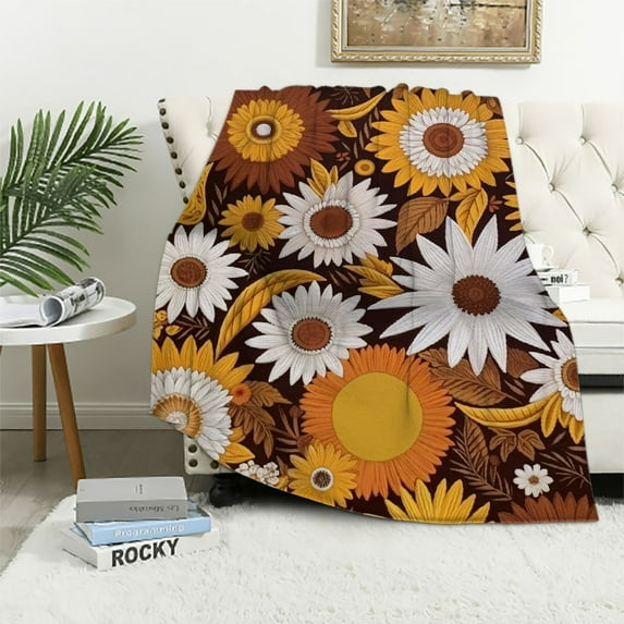 ARISTURING 70S Hippie Flannel Blanket,Colorful Daisy Flower Bed Blanket for Kids Teens Girls Adults,Brown Orange Plants Throw Blanket Vintage Boho Fuzzy Blanket for Chair/Sofa Decor