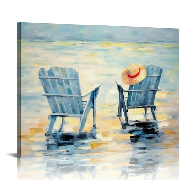 ARISTURING Abstract Beach Canvas Wall Art: Coastal Chairs Artwork Seascape Painting Woodgrain Framed for Bedroom.