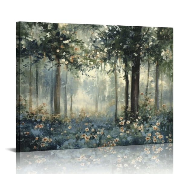 ARISTURING Abstract Landscape Canvas Wall Art: Neoclassicism Forest Painting Dark Blue Trees Picture Modern Scenery Prints Contemporary Quiet Suburb Artwork for Bedroom Living Room Home Office 16x12in