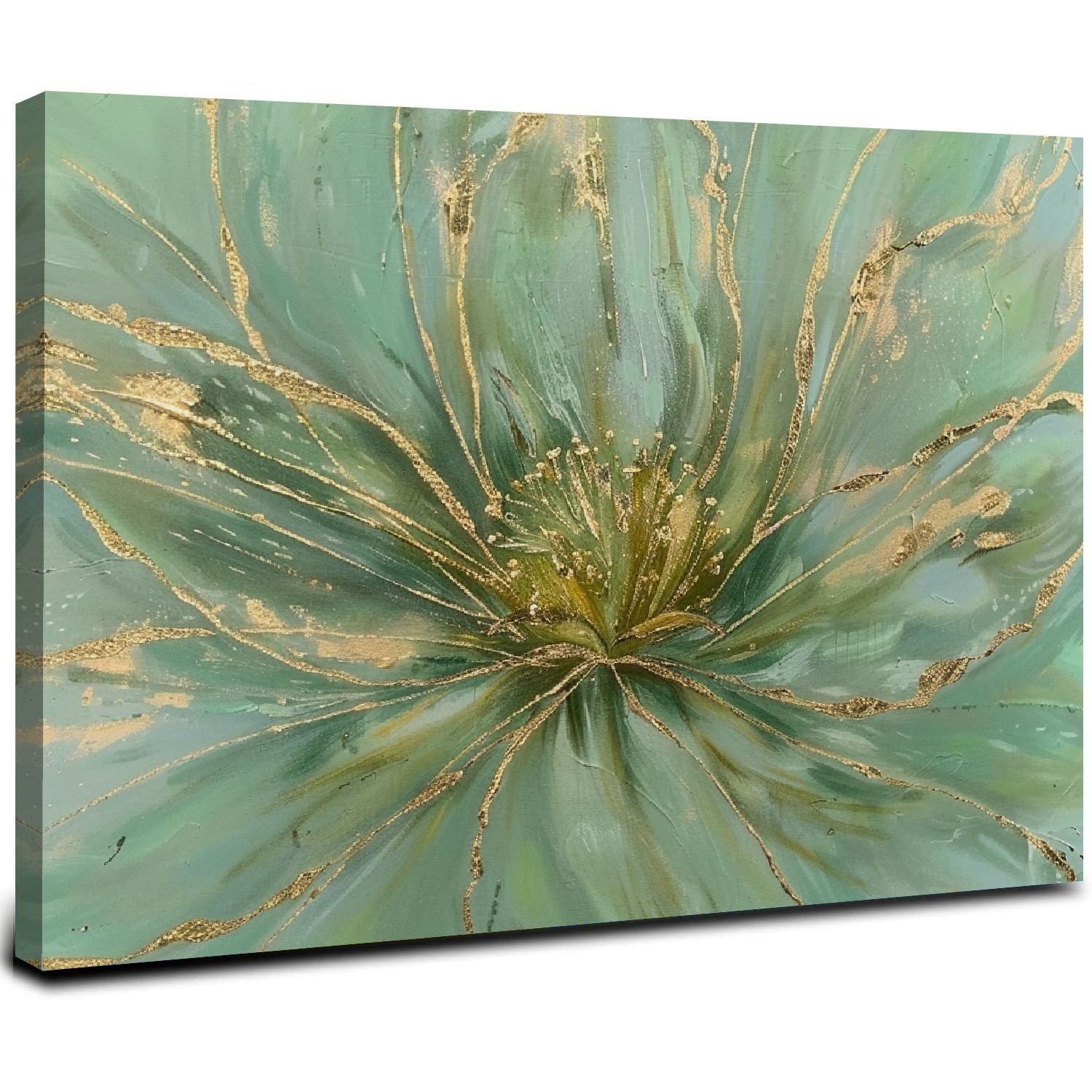 ARISTURING Abstract Wall Art Green and Gold Painted Painting Blossom Botanical Large Picture for