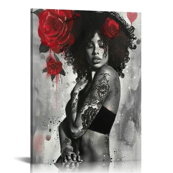 ARISTURING African American Canvas Wall Art Black Girl Fashion Print Black Woman Wearing Rose On Head Women Rose Wall Decor Painting Framed Modern Artwork For Bedroom Bathroom 16x20 in