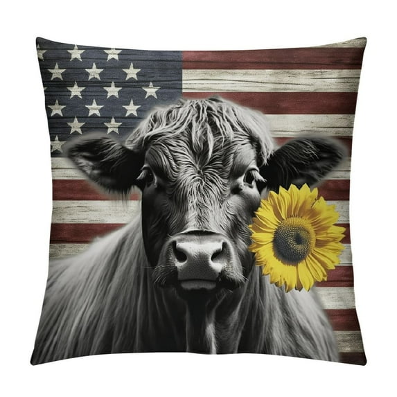 ARISTURING American Flag Highland Cow Throw Pillow Covers, Highland Cattle Cushion Case for Home Living Room Decor, Rustic Wooden Floral Decorative Throw Cushion Case,