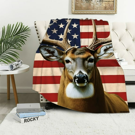 ARISTURING American Whitetail Deer Blanket for Bed, Deer Throw Blanket for Men, Women & Kids - American Flag Gifts Deer Blanket Throw Plush Blanket Super Soft Throw Blanket