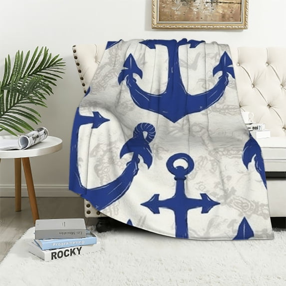 ARISTURING Anchor Pattern Nautical Flannel Throw Blanket for All Seasons Soft Plush Blankets 60x80in
