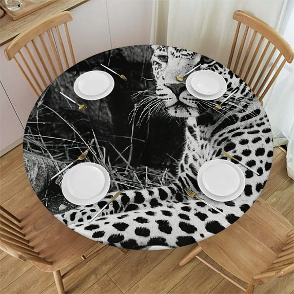 HENGT Animal Decor Round Fitted Tablecloth Cover,Jaguar Tiger Leopard Print Elastic Edged Polyester Fitted Table Pad, Large, White