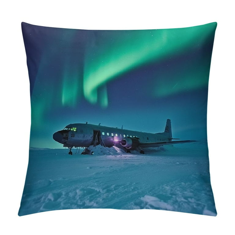 Aristuring Hengt Aurora Throw Pillow Cushion Cover Plane Wreck Under Aurora Misty Winter Day View Decorative Square Accent Pillow Case Petrol Blue Lime Green