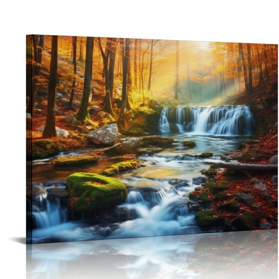 ARISTURING Autumn Waterfall Large Stretched Canvas Wall Art For Living Room Bedroom Home Decoration,Mordern Forest River Print Picture Painting Decor Giclee Artwork,Gallery Wrapped Gift,20x16 inch
