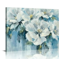 ARISTURING Bathroom Wall Art Abstract Flowers - White Floral Painting Artwork on Canvas with Gold Pictures for Blue Gray Bedroom Decor