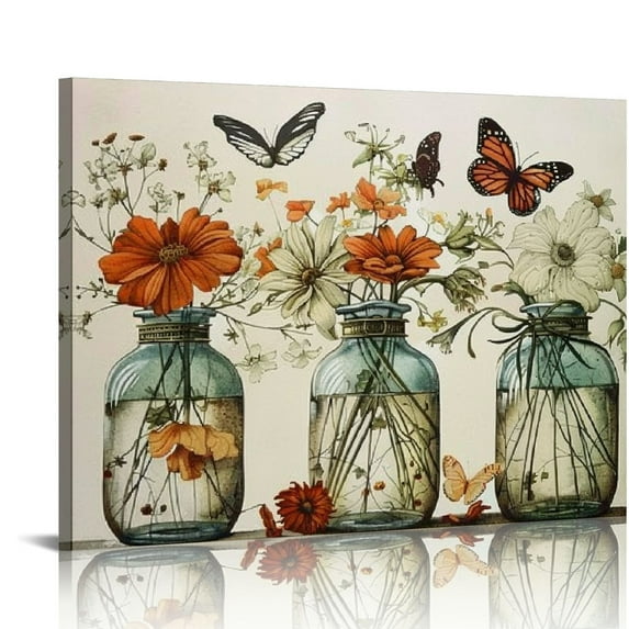 ARISTURING Bathroom Wall Decor Flower Wall Decor Canvas Wall Art Butterfly Flowers Vase Botanical Wall Art Bathroom Signs Framed Poster Artwork Prints Pictures for Home Office Bedroom 16x12in