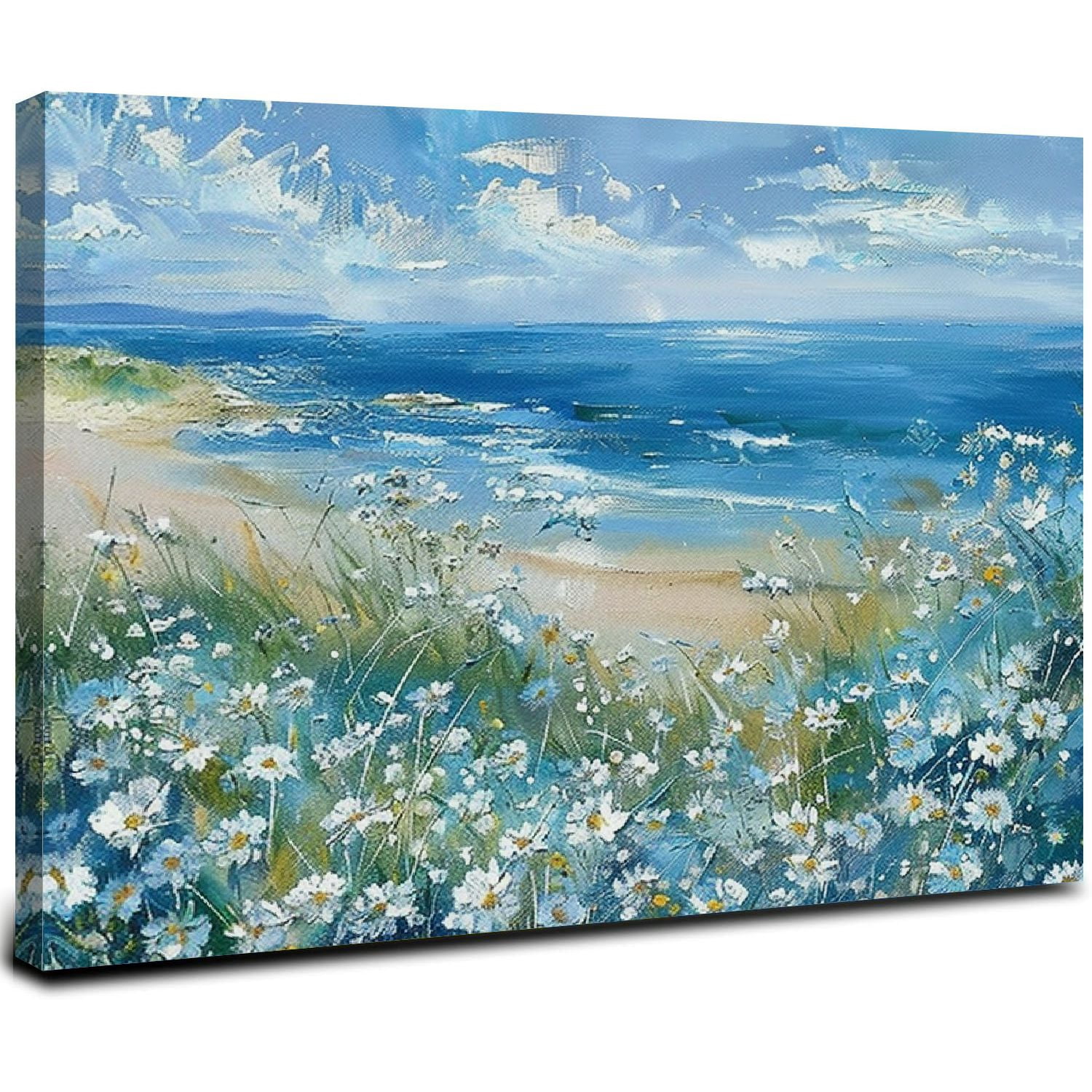 ARISTURING Beach Abstract Art Canvas Flower Wall Art Blue and White ...