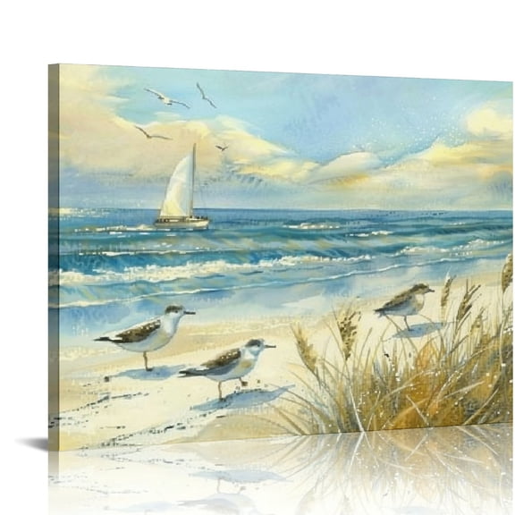 ARISTURING Beach Scene Canvas Wall Art: Bedroom Large Ocean Painting Relaxing Coastal Landscape Picture Living Room Abstract Sea Bird Artwork Modern Tropical Seascape Print Decor for Home