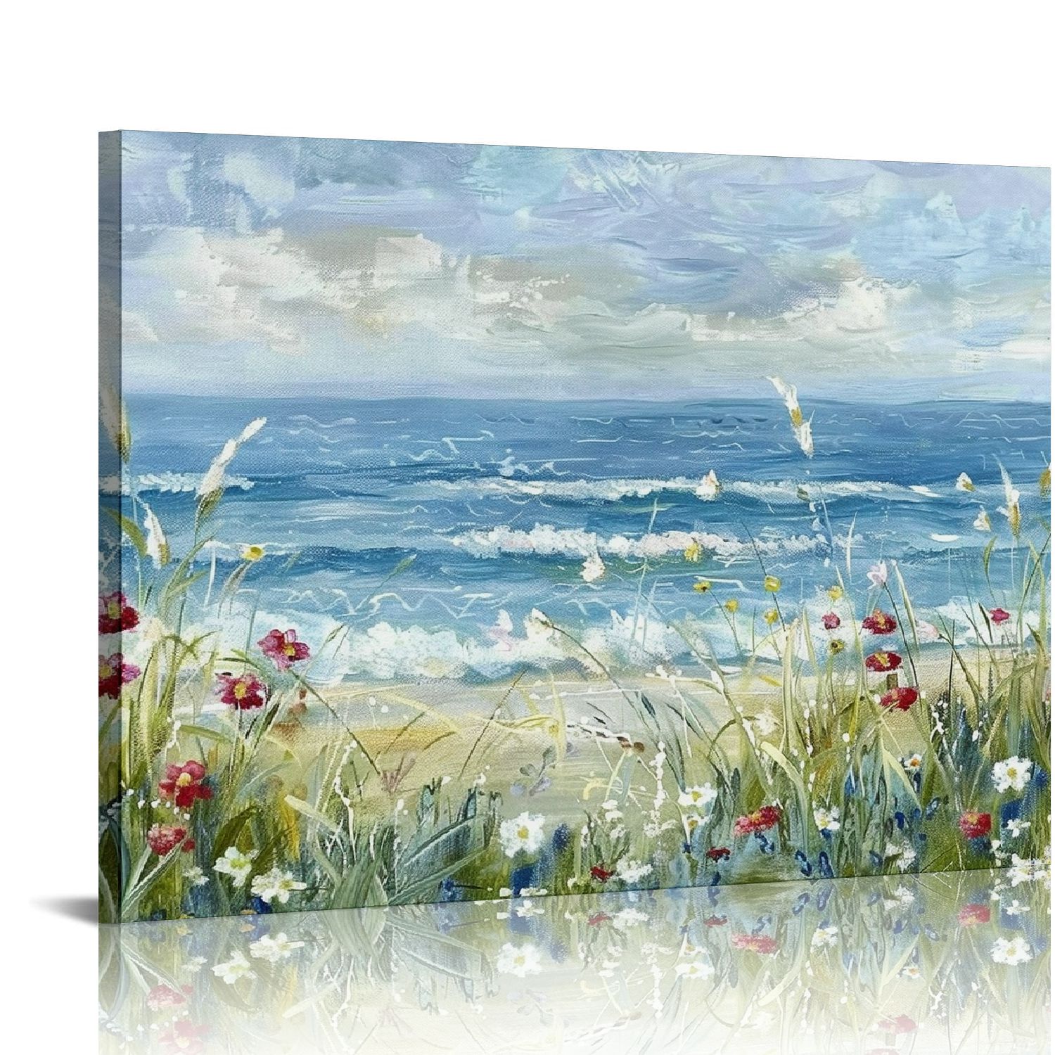 ARISTURING Beach Scene Canvas Wall Art Seaside White Wildflower & Blue