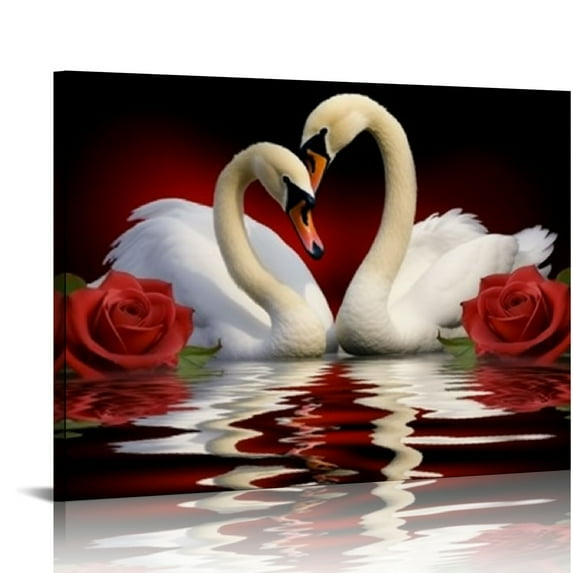 ARISTURING Beautiful Romantic Swans Art Print on Canvas Red Rose Flowers Wall Art Decor Stretched Frames for Bedroom Bathroom 20x16in