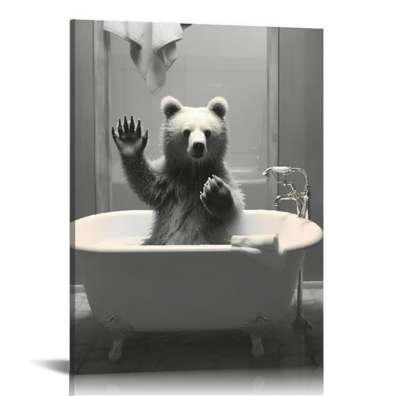 ARISTURING Black and White Animals Wall Art Bear Take Bath in A Bathtub Pictures Poster Funny Bathroom Decor Canvas Prints Painting for Kid's Room Bedroom Home Decoration