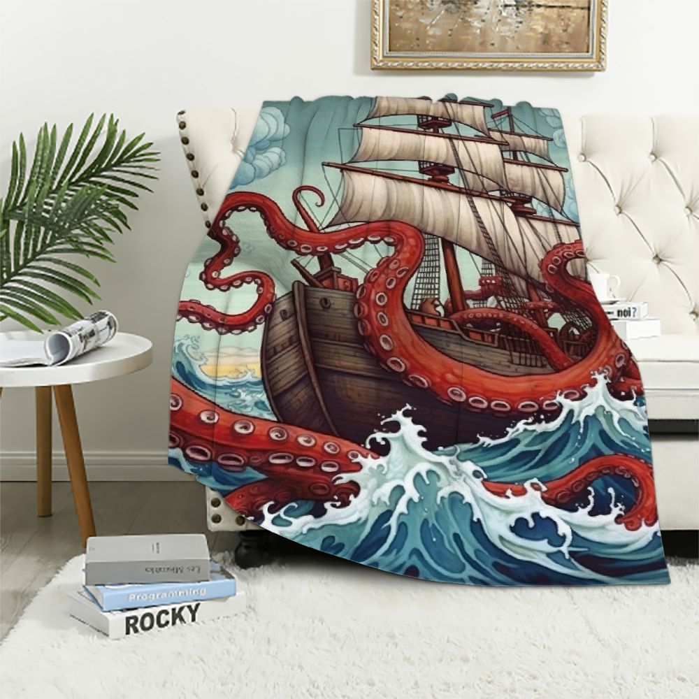 ARISTURING Blanket Octopus with Ship Sail Old Boat in Ocean Waves Throw