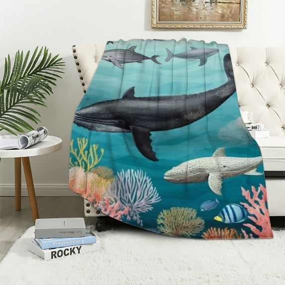 ARISTURING Blanket Warm Throw Blanket Vintage Humpback Whale Ocean World Fish Fuzzy Bed Blanket Comfy Flannel Blanket,Lightweight Blanket for Couch,Bed,Sofa
