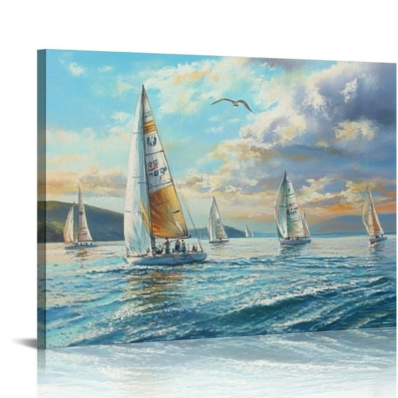 ARISTURING Blue Abstract Wall Art Canvas Ocean Sailboat Picture Modern Coastal Painting Large Size Colorful Nautical Textured Artwork for Living Room Bedroom Bathroom Home 20x16in