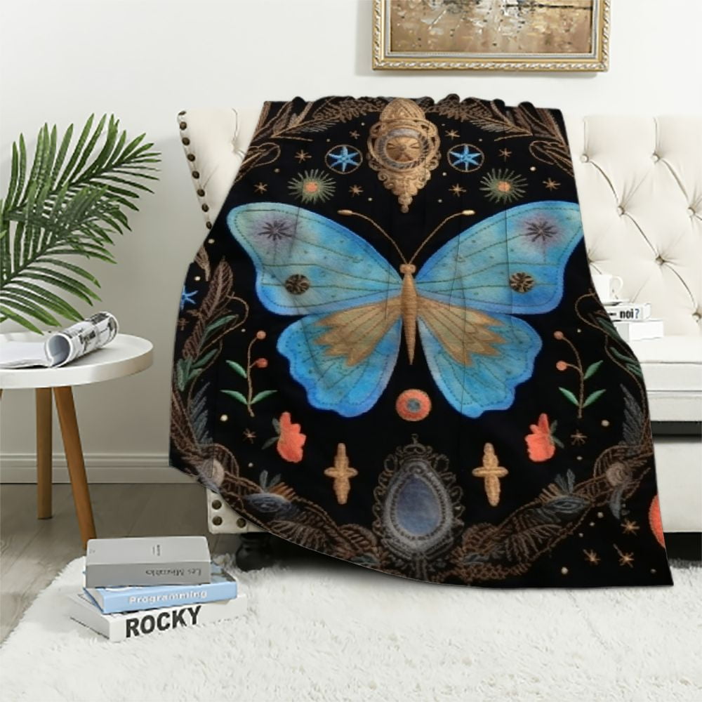 ARISTURING Blue Butterfly Moon Flower Throw Blanket, Botanical Floral