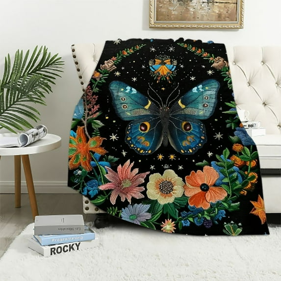 ARISTURING Blue Butterfly Moon Flower Throw Blanket, Botanical Floral Plant Boho Cozy Decor Nap Blankets for Sofa Bed Couch Chair or Dorm Throws