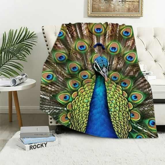 ARISTURING  Blue Tail Feather Colorful Gold Animal Peacock Green Flannel Blanket Home Sleeping Blanket Decor Sofa Blanket