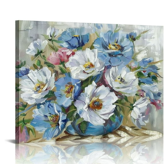 ARISTURING Blue and White Flower Wall Art for Living Room Floral Canvas Pictures Modern Paintings Large Framed Artwork Prints for Bedroom Dining Room Office Wall Decor