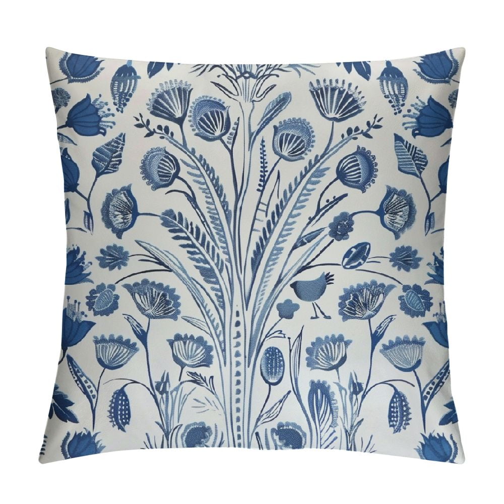 HENGT Blue and White Geometric Flower Throw Pillow Cover Lily Leaf