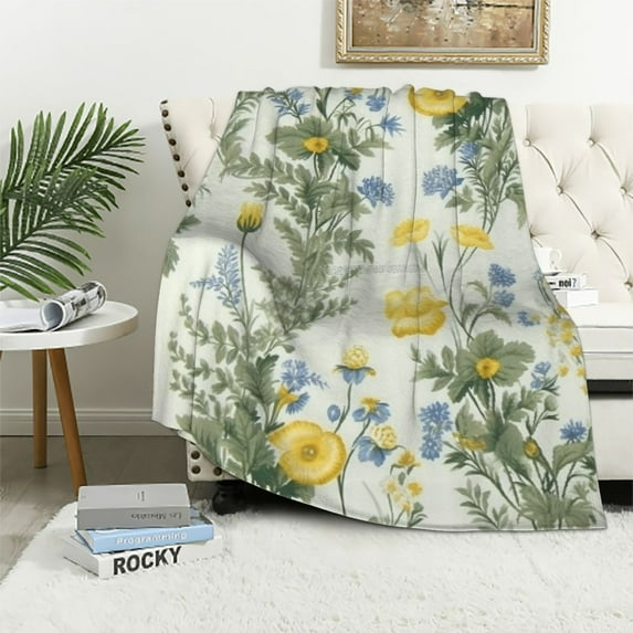 HENGT Blue Yellow Flower Floral Blanket, Soft Blankets Flannel Bed Throw Cozy Lightweight Plush Gifts for Women Girls Sofa Couch Bedroom Living Rooms Warm All Season, Home Decor,