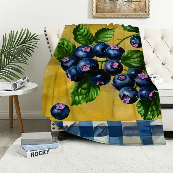 ARISTURING Blueberries Flowers Checkered Tablecloth Soft Plush Blankets for All Seasons Throw Blanket 60x80in