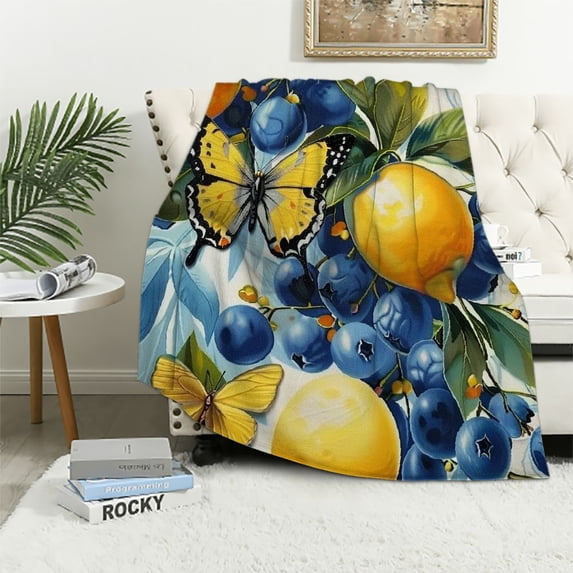ARISTURING Blueberries Lemons Butterflies Flannel Blanket Exquisite Gifts for All Seasons Soft Plush Blankets 60x80in