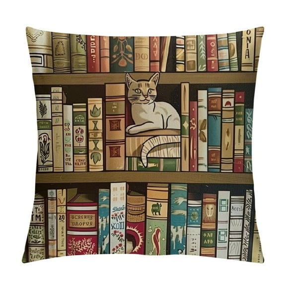 ARISTURING Book Pillows Decorative Throw Pillow Cover Nerd Book Lover Cat Sleeping Over Bookshelf in Library Boho Design Pillow Case Square Cushion Cover for Sofa Bed