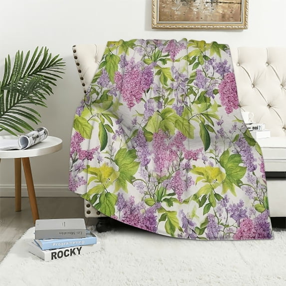 ARISTURING Botanical Throw Blanket, Lilac Flowers Field Cherry Blossom Style Shabby Spring Revival Design, Flannel Accent Piece Soft Couch Cover for Adults,Lime Green
