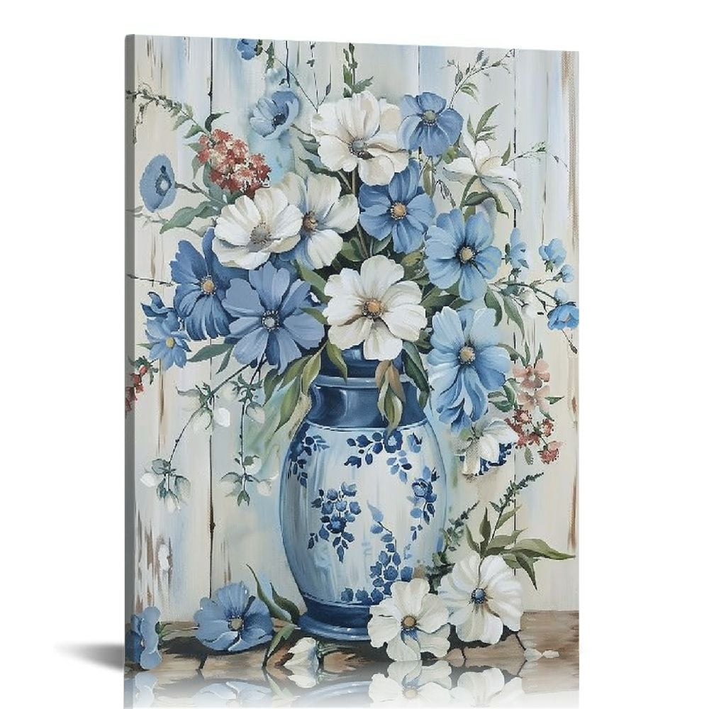 ARISTURING Bouquet Canvas Wall Art Blue Flowers in Vase Artwork Print ...