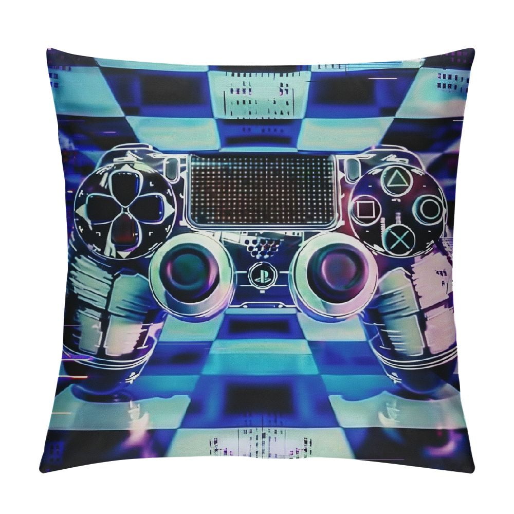 ARISTURING Boys Video Game Throw Pillow Covers Neon Light Blue Lines